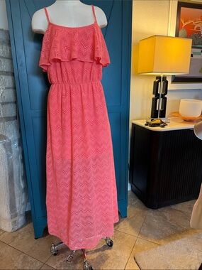 Coral Lace Ruffle Maxi Dress - Sleeveless Summer Style